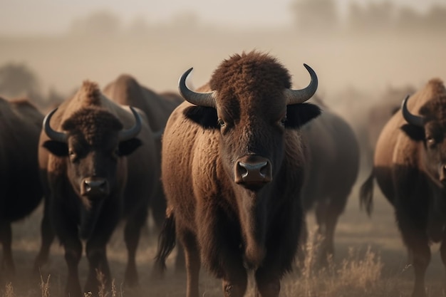 Herd of bison standing in a field with fog in the background generative ai