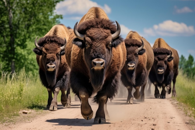 A Herd Of Bison Walking Down A Dirt Road Herd Of Bison Dirt Road Habitats Migration Routes Conse