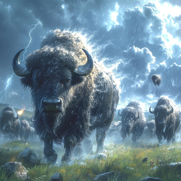herd of bison walking through a field with a thunder in the background