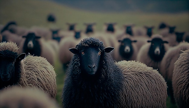 A herd of black sheep with a white one in the middle Generative AI