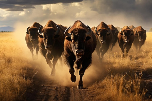 a herd of buffalo is running in the desert.