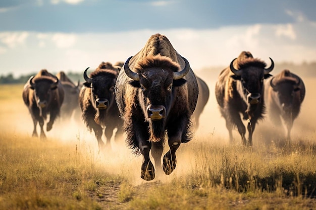 a herd of buffalo running in the wild