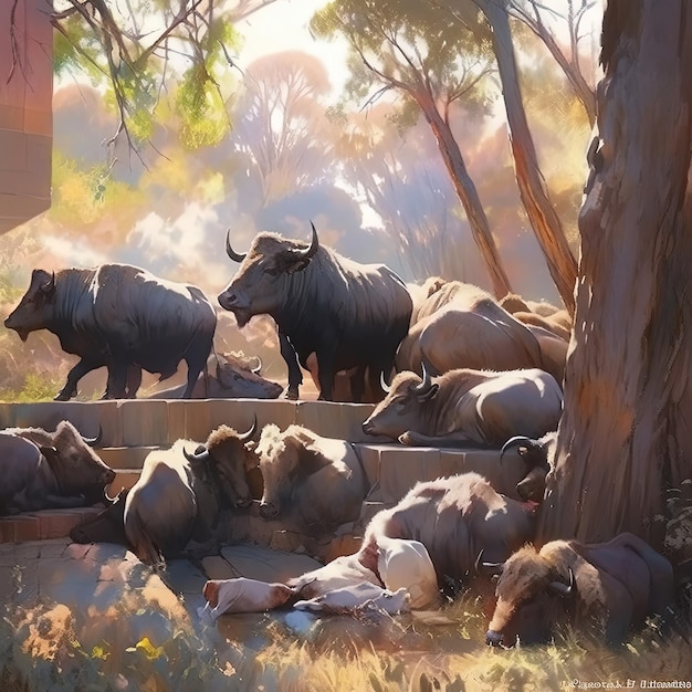 herd of buffalos and water buffalos resting on a stone wall