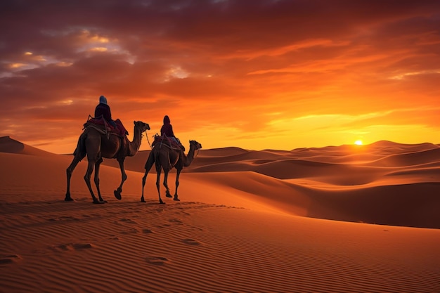 Herd of camel riders crossing the great desert