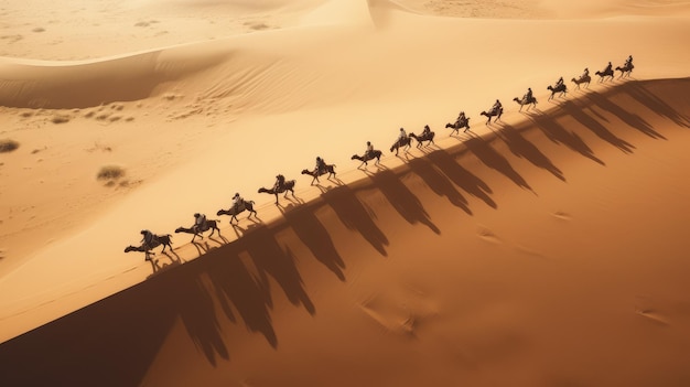 Herd of camel riders in the desert AI generated Image