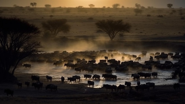 A herd of cattle are crossing a river at sunset.