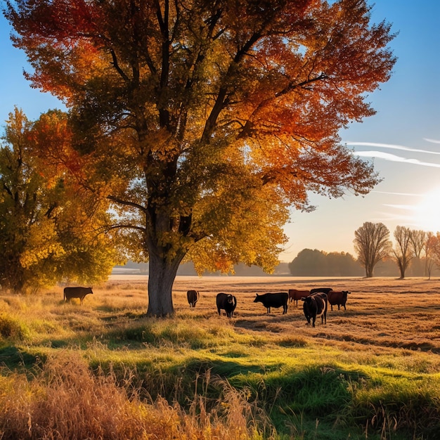 A herd of cattle are standing in a field with the sun setting behind them.