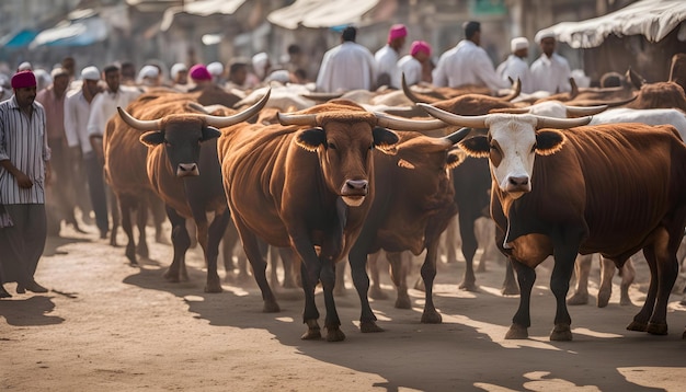 Photo a herd of cattle are walking down a street with people in the background