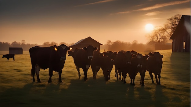 a herd of cattle in a field with the sun behind them.