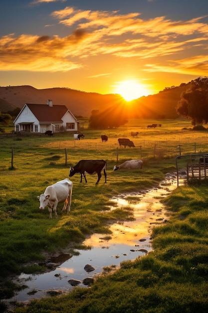 Photo a herd of cattle grazing in a field with a house in the background