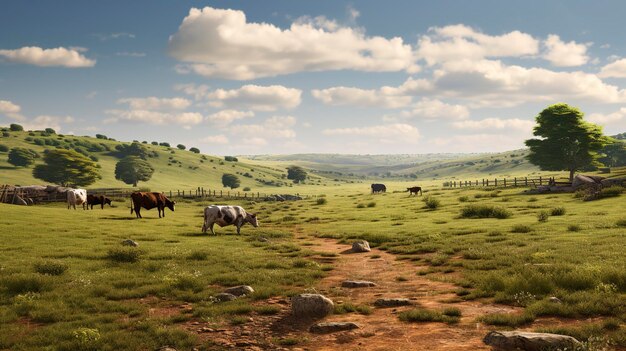 a herd of cattle grazing in a field with a sky background