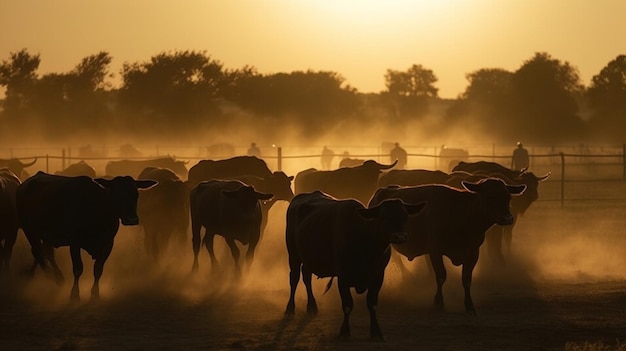 A herd of cattle is dusted with dust.