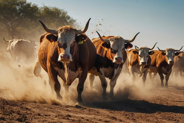 a herd of cattle running in a dirt field with the words  cows  on it