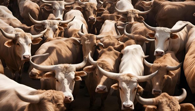 Photo a herd of cattle with horns that say  the name of the company