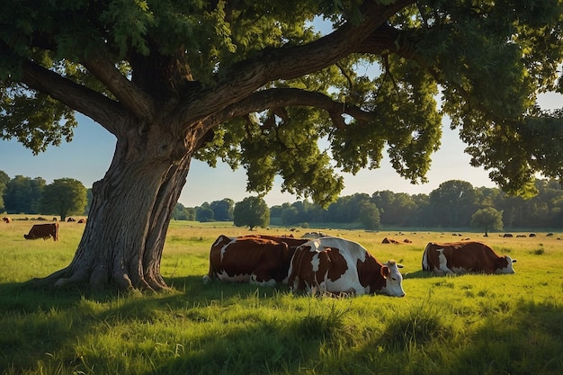 Photo a herd of cows are grazing in a field under a tree