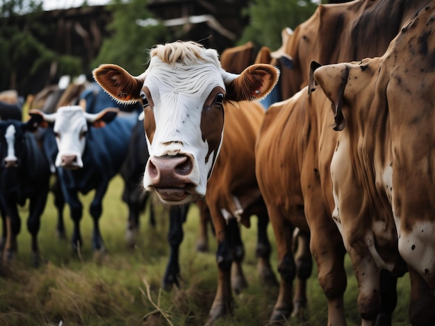 A herd of cows are lined up in a field, one of which is called the cow.