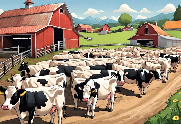 a herd of cows are standing in a farm