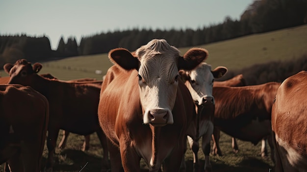 A herd of cows are standing in a field.