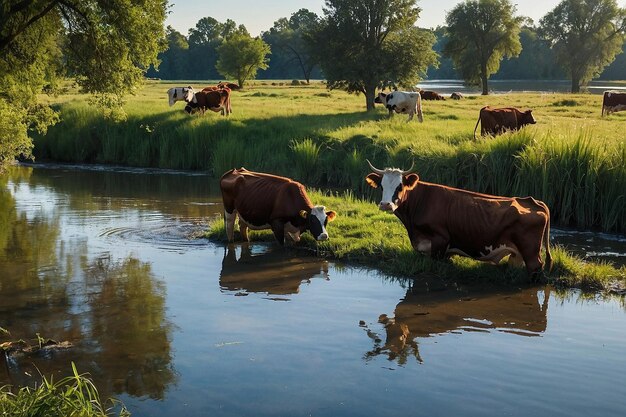 a herd of cows drinking from a pond with a man in the background