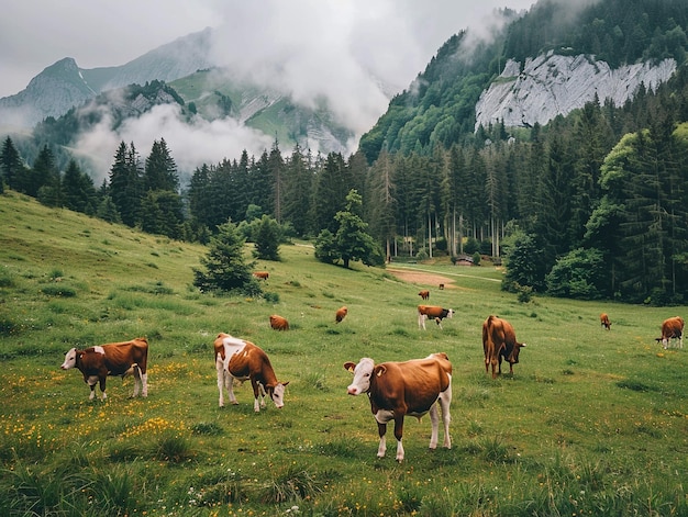 Foto un gregge di mucche in un campo con le montagne sullo sfondo