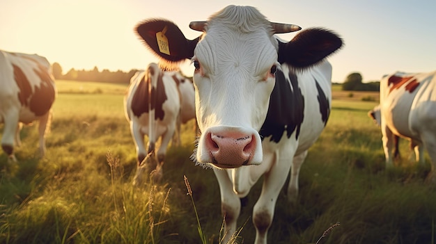 A herd of cows grazes in a green meadow beneath a sunny spring sky