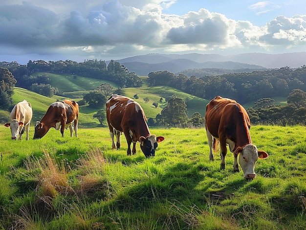 a herd of cows grazing on a green hillside