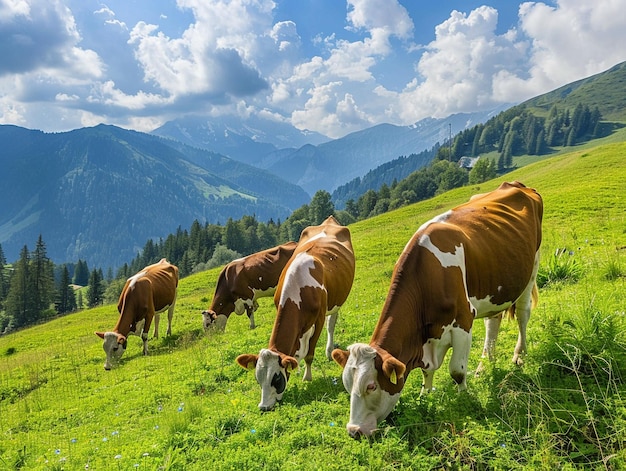 Photo a herd of cows grazing on a mountain side