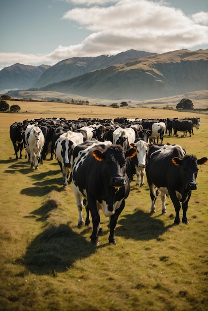 ニュージーランドの草原で牛を群れる