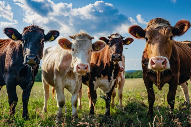 A herd of cows standing on top of a lush green field