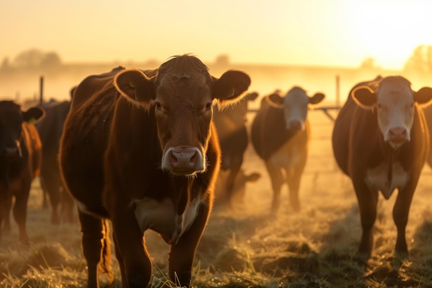 Herd of cows at sunrise with mist feeding on dewy grass