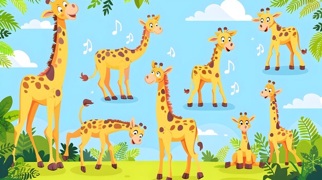 Photo herd of cute cartoon giraffes in lush jungle with clouds