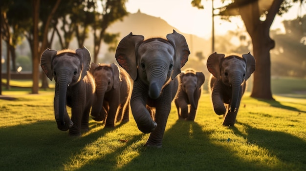 A herd of cute elephants running and playing on the green grass in the park