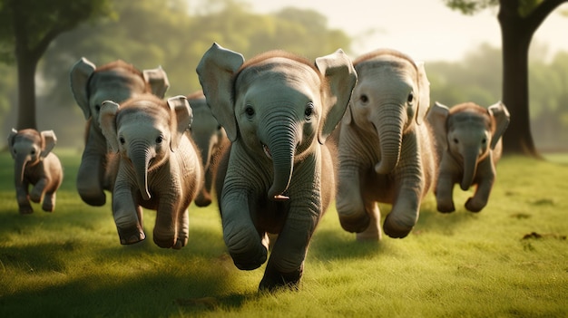 A herd of cute elephants running and playing on the green grass in the park