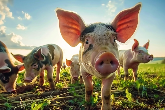 Photo herd of cute pigs on the farm