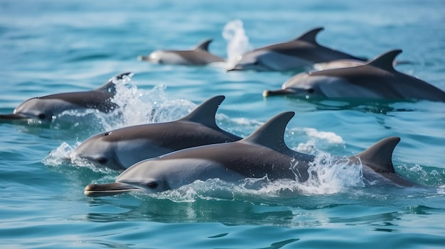 herd of dauphines swimming at the top surface of the water