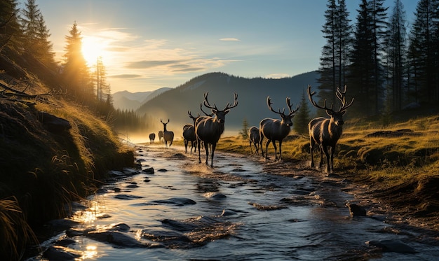 Herd of Deer Crossing River