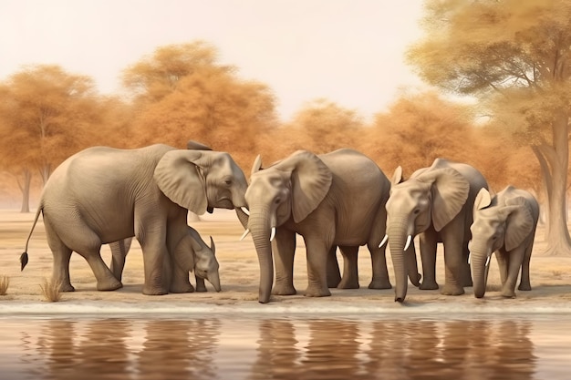 Herd of Elephants in Africa walking through the grass Neural network AI generated