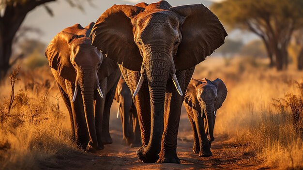 Photo herd of elephants in africa walking through the grass