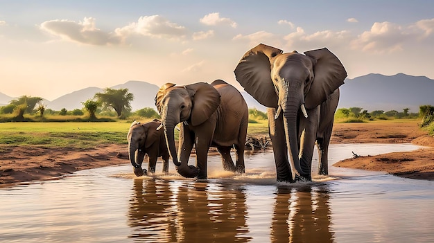 A herd of elephants are drinking at a watering hole