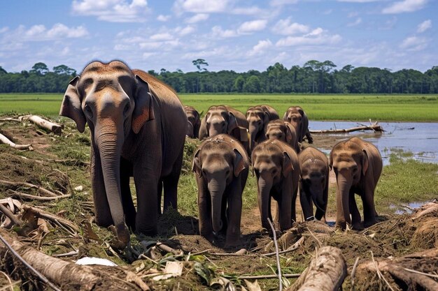 a herd of elephants are walking through a field with a bunch of trees in the background