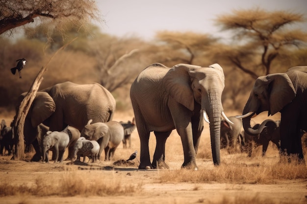 A herd of elephants and a calf are standing in a field.