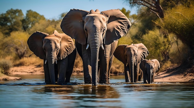 A herd of elephants drinking from a river with trees in the background