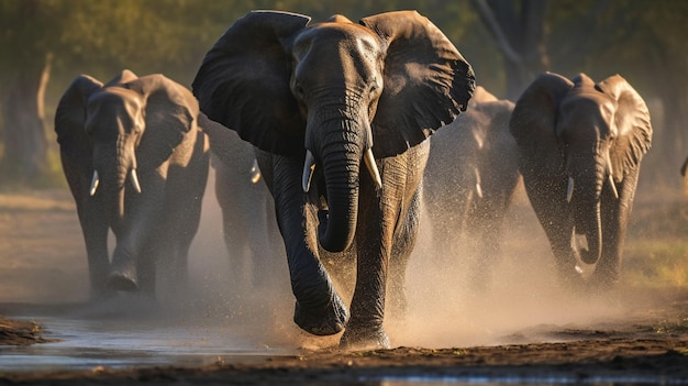 A herd of elephants running in the wild