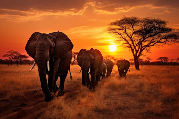 Herd of elephants in the savanna at sunset