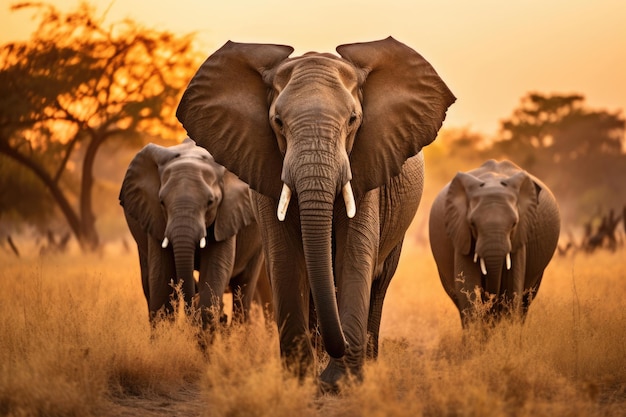 Herd of elephants in the savanna at sunset