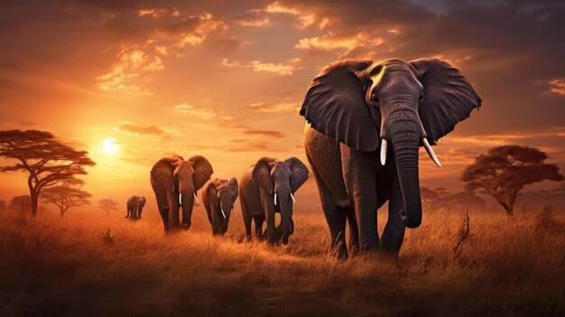 Herd of elephants in the savanna at sunset