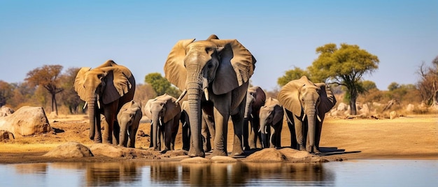 a herd of elephants standing in a row drinking water