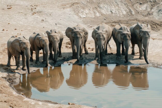 A herd of elephants standing in a row drinking water