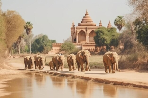 Photo a herd of elephants walking along a river with palm trees in the background