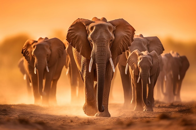 Herd of elephants walking in the dust with trees in the background generative ai